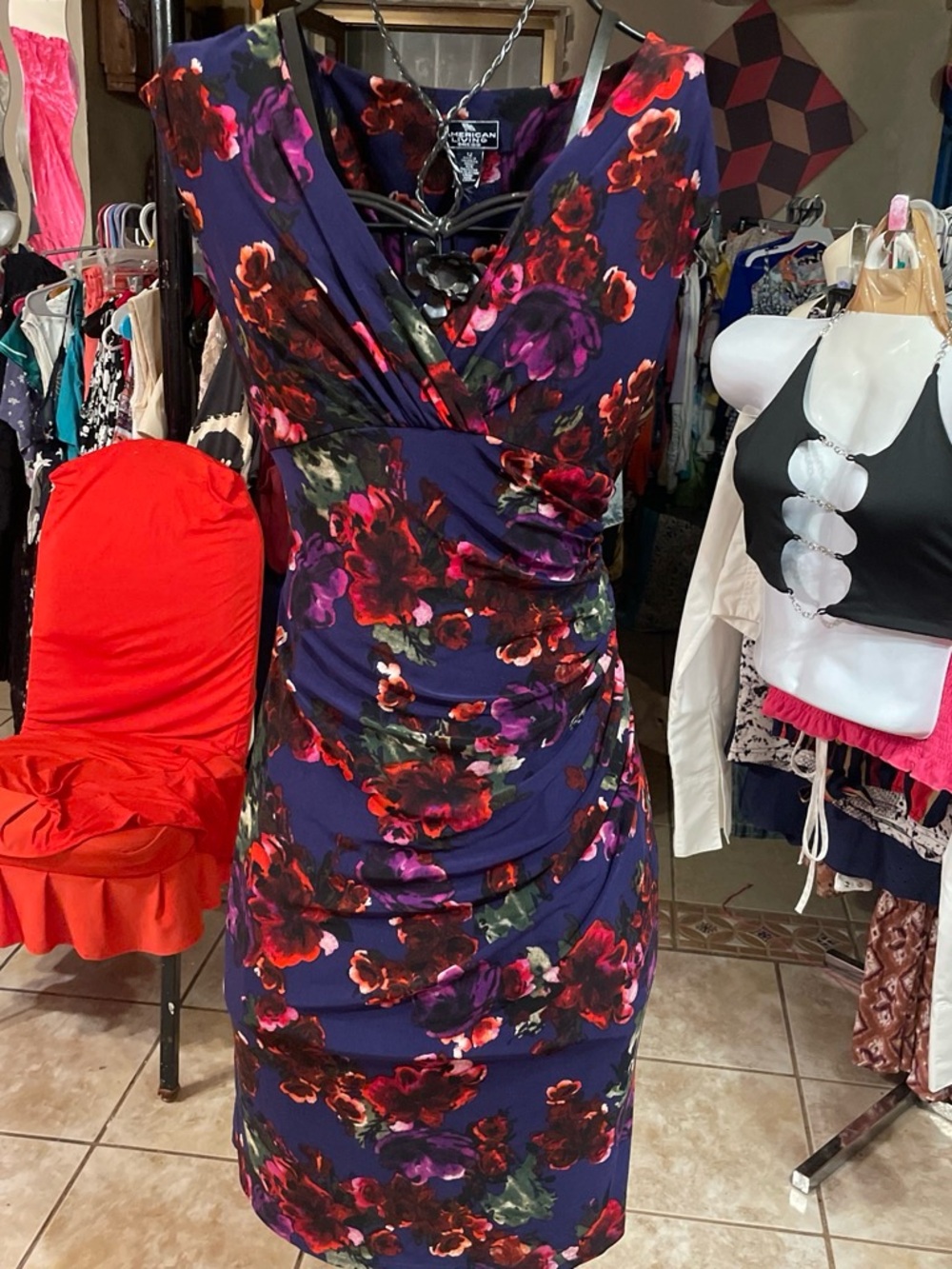 American Living Navy Midi Dress with Red and Purple Floral Print